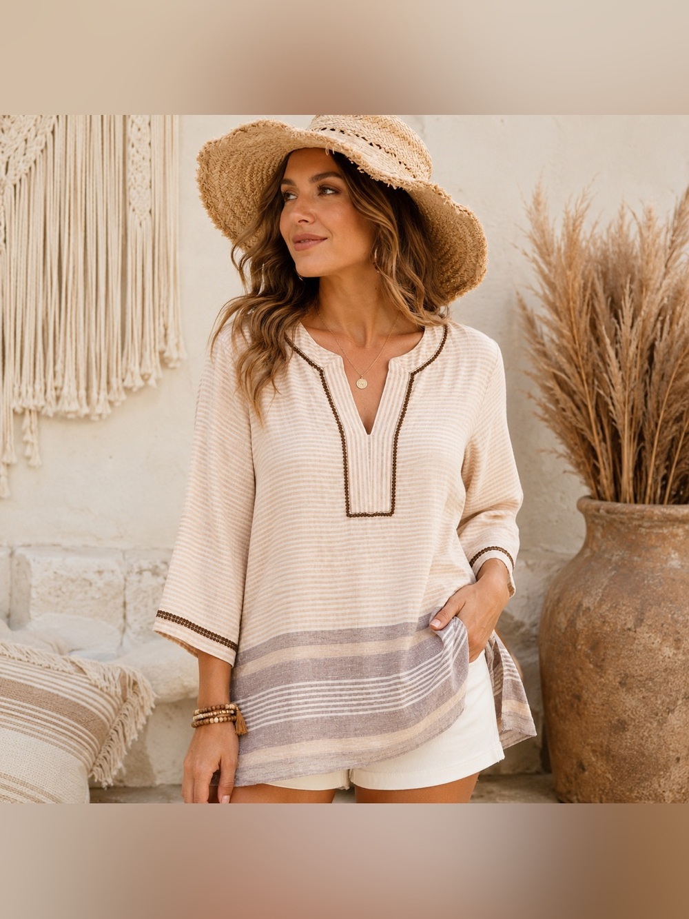 Tommy Bahama 100% Linen Tunic Top Beige Stripe Embroidered Trim Boho Size M